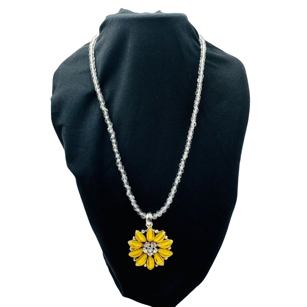 1990's Yellow Sunflower Pendant Necklace w/Clear Beads Shimmer Flaked Petals